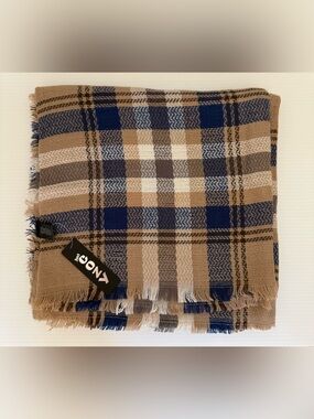 Just Cozy Plaid Fringed Scarf - Tan, Navy & Cream